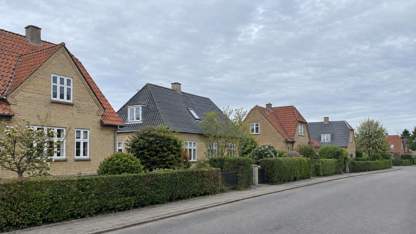 Dansk villavej med tage af tegl og grå fibre cement i blødt dagslys