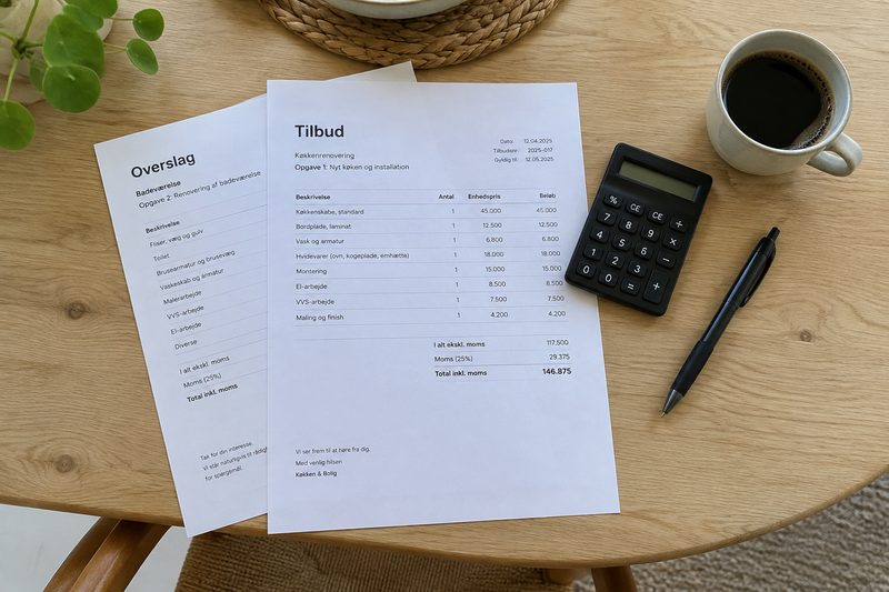Køkkenbord med tilbudsark, lommeregner og notepapir klar til fradragsopgørelsen